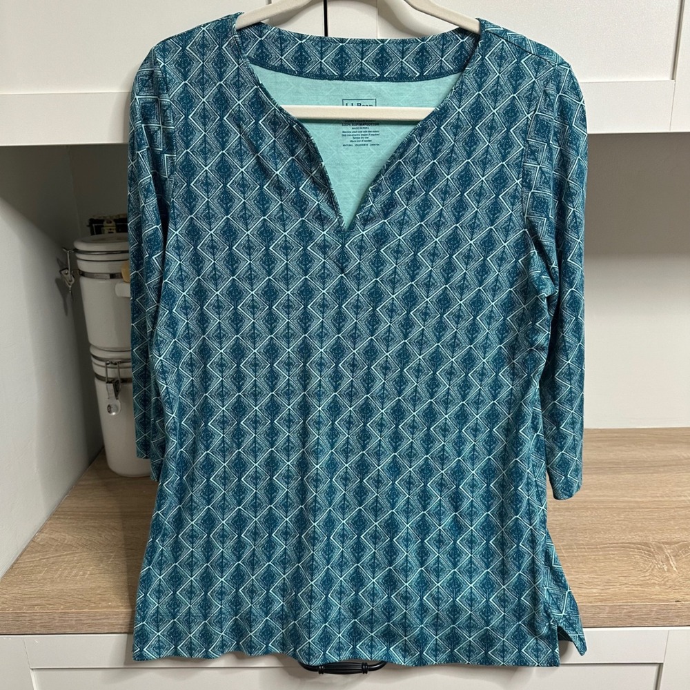 L.L.Bean Splitneck Tunic Top Womens S Teal Geometric Supima Cotton 3/4 Sleeve
